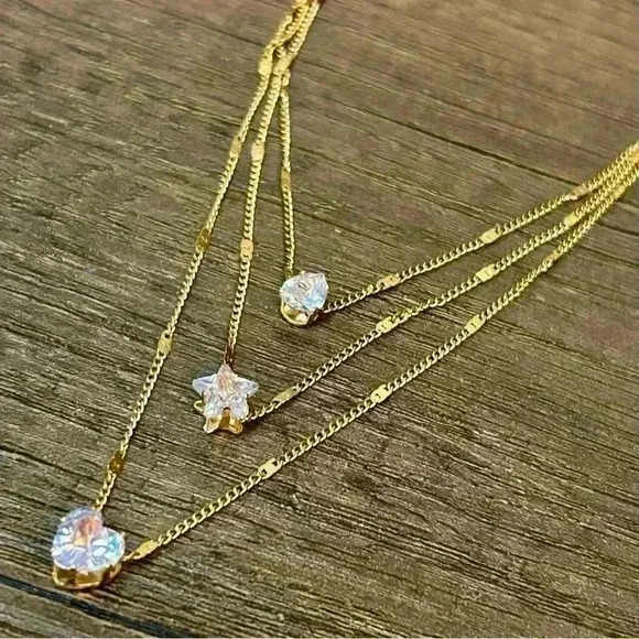 Gold Tone Three Strand Light Pink Rhinestone Gems Necklace - Picture 3 of 4